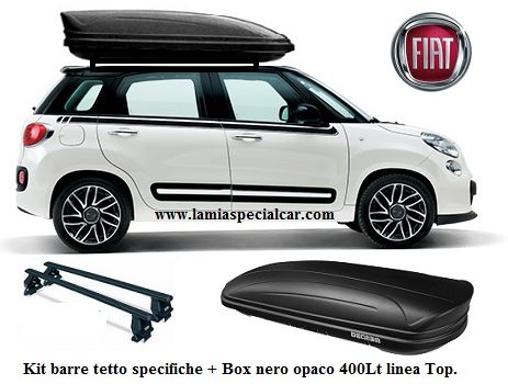 BOX BAULE PORTATUTTO 400 LT.NERO + Kit 2 Barre Tetto Specifico per Fiat 500 L + Living + Trekking.